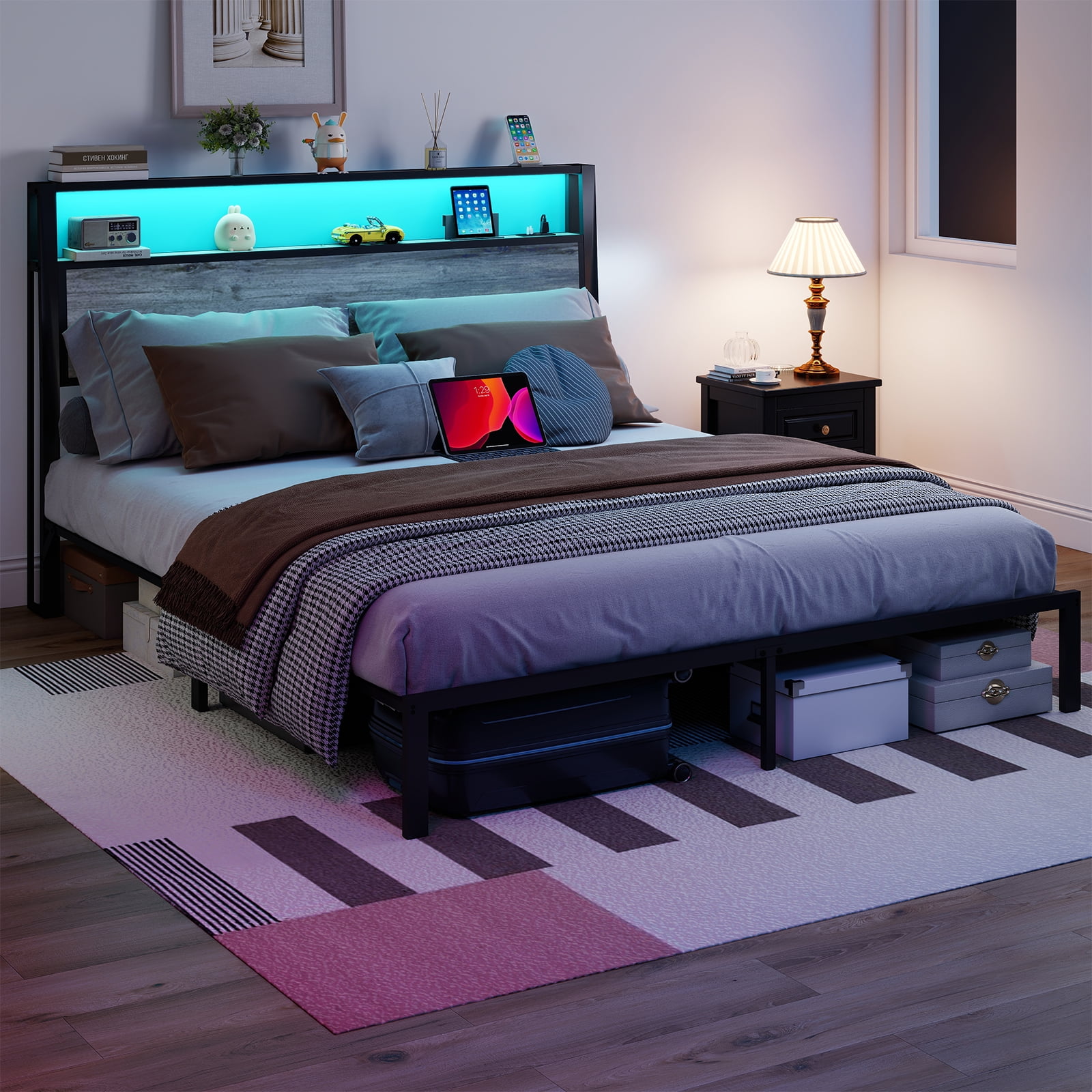 Leumius Full Size Bed Frame with Headboard, Platform Bed with RGB LED Light & Charging Station & Under Bed Storage Space, Easy Assembly, Gray