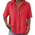 thumbnail image 4 of Cotton Linen Tops for Women Short Sleeve Collared Blouses Shirt Loose Fit 1/2 Button Summer Vacation Travel Daily Wear, XL, 4 of 7
