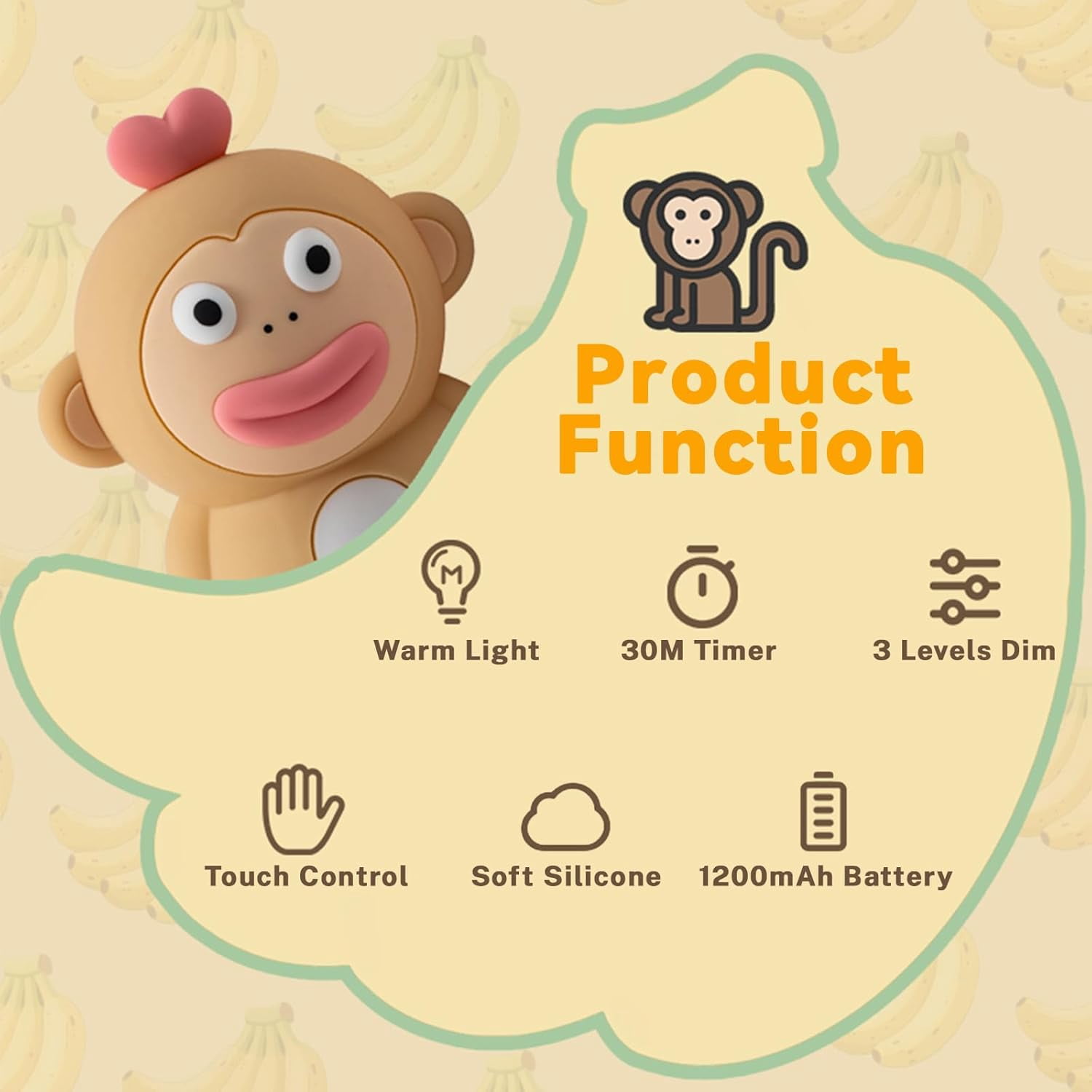 Monkey Night Light for Kids, Funny Big Mouth Squishy Silicone Nursery Lamp, 3 Level Touch Dimmable with Timer, Rechargeable Baby Night Light, Gifts for Boys Girls