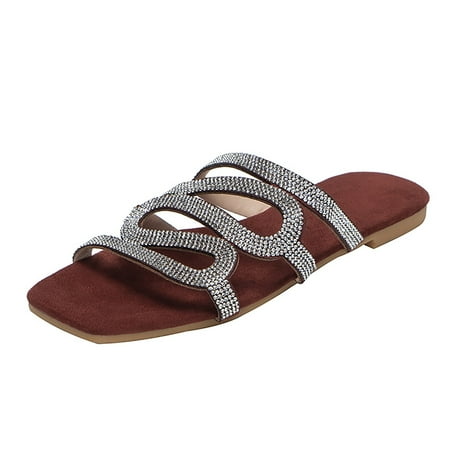 

QYZEU Tan Over The Knee Boots for Women Wide Calf Clear Studded Sandals for Women Ladies Slip On Flat Sandals Casual Bling Rhinestone Strap Sandals Open Toe Slide Sandals for Women
