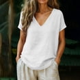 thumbnail image 2 of Pxxlle Cotton Linen Shirts Women Casual Summer V Neck T Shirt Loose Fit Short Sleeve Tops for Beach Vacation White M, 2 of 7