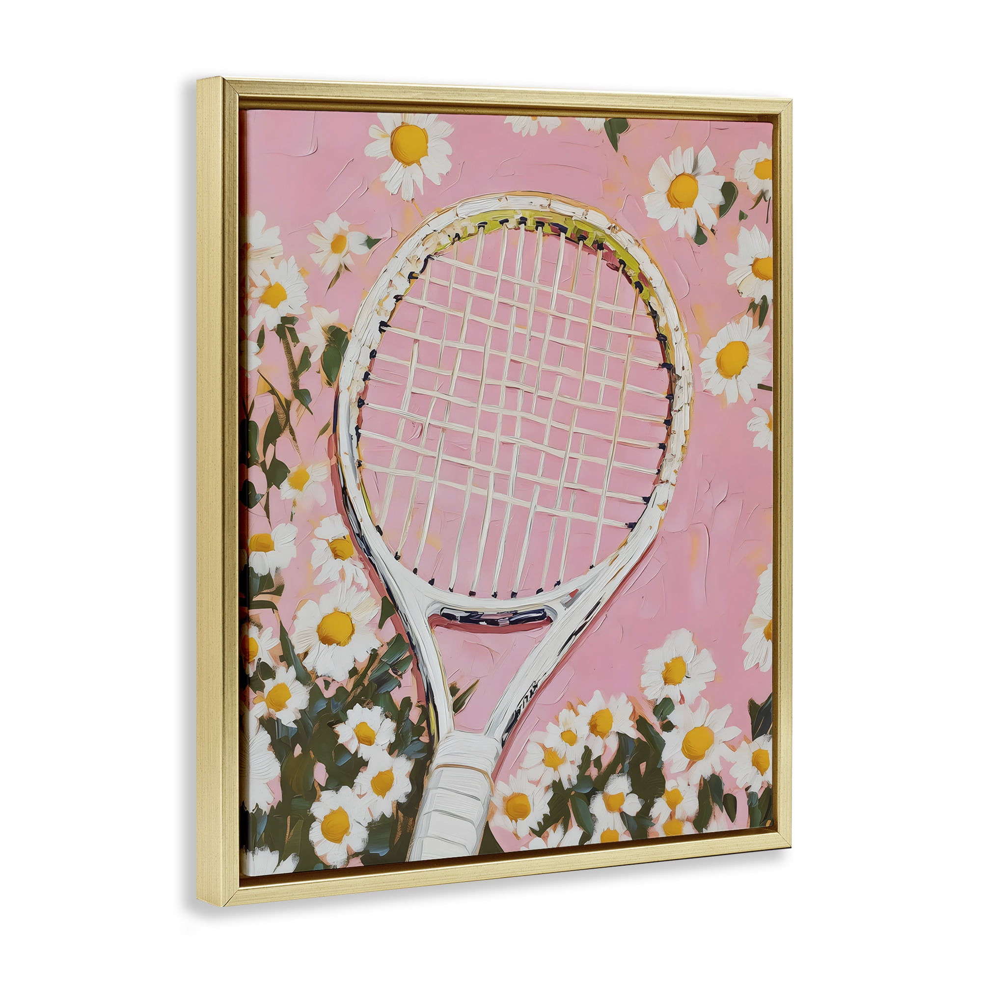 Stupell Industries Pink Tennis Racket & Daisies Gold Framed Floater Canvas Wall Art, design by LSR Design Studio