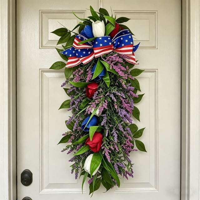 Corona patriótica para puerta principal del Día de la Independencia,hojas verdes artificiales,flores,21.65 x 11.81 pulgadas,corona floral para interior,exterior,pared,4 de julio,fiesta de