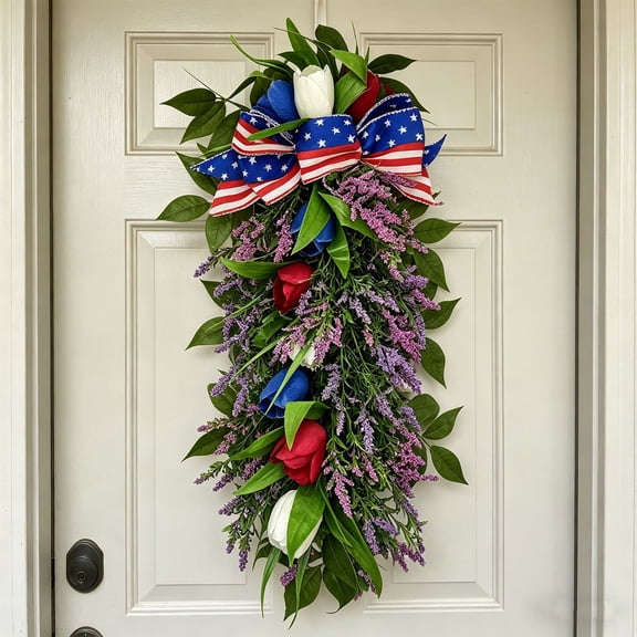 LNOGEUPG 21.6 Inch Patriotic Red White and Blue Floral Swag Wreath for Front Door Patriotic American Floral Teardrop Swags 4th of July Independence Day Rings Wreaths for Porch Wall Window Decor