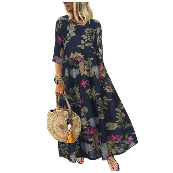 Robe Longue Maxi Boho Décontractée en Coton et Lin à Manches 3/11 à Fleurs pour Femmes