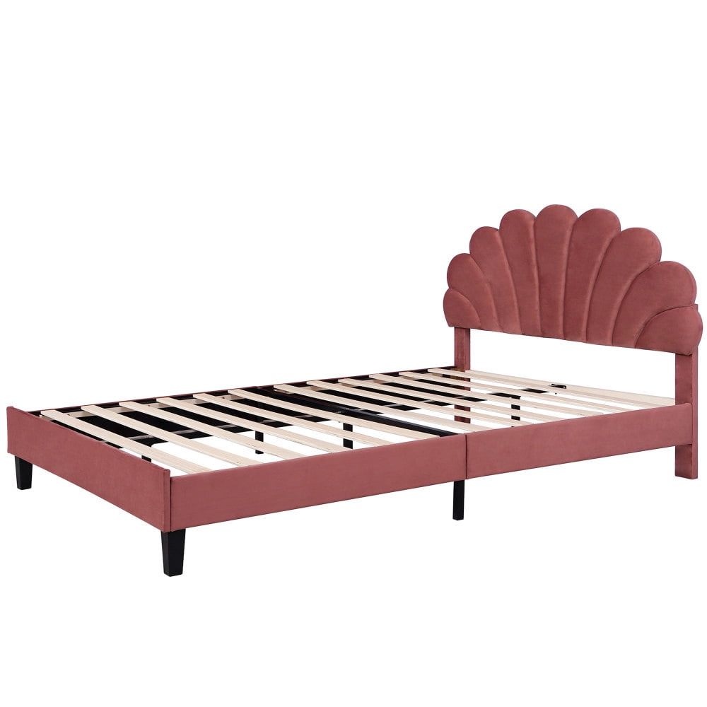 Queen Size Upholstered Platform Bed with Flower Headboard,Velvet Bed Frame for Kids Boys Girls,Bean Paste Red