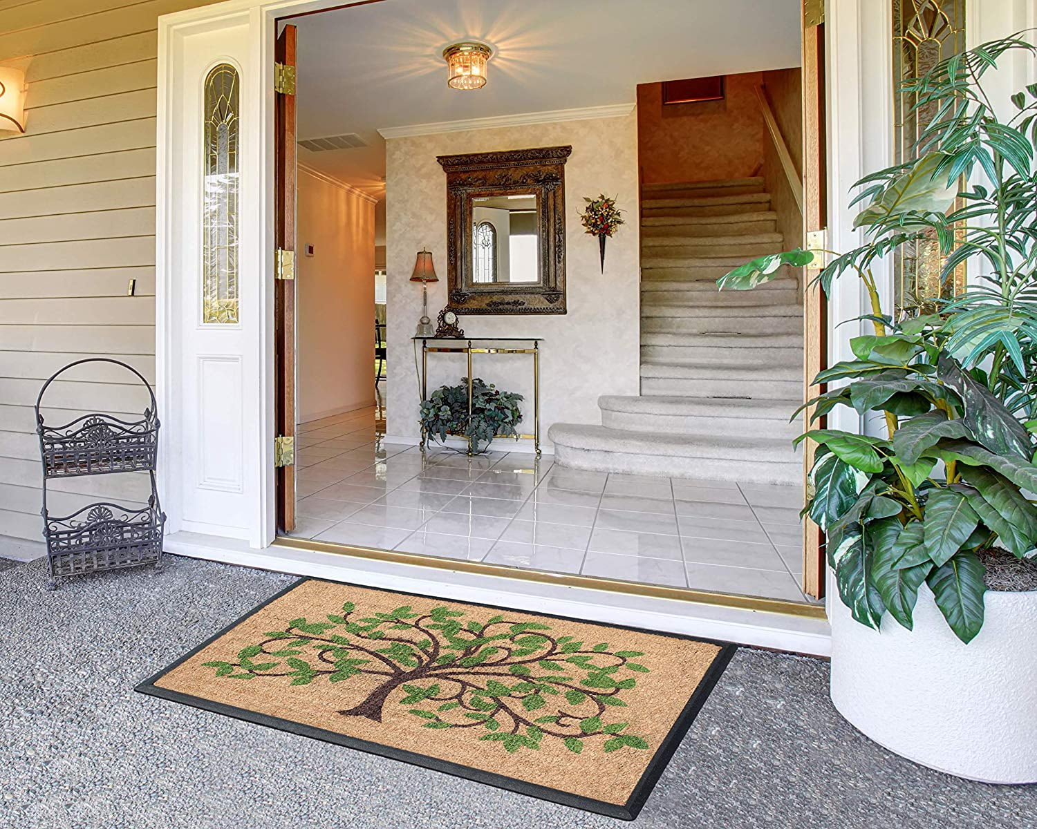 A1 Home Collections Doormat Hand-Crafted Rubber Coir Life of Tree Double Door Mat (30" X 48"), Green/Brown