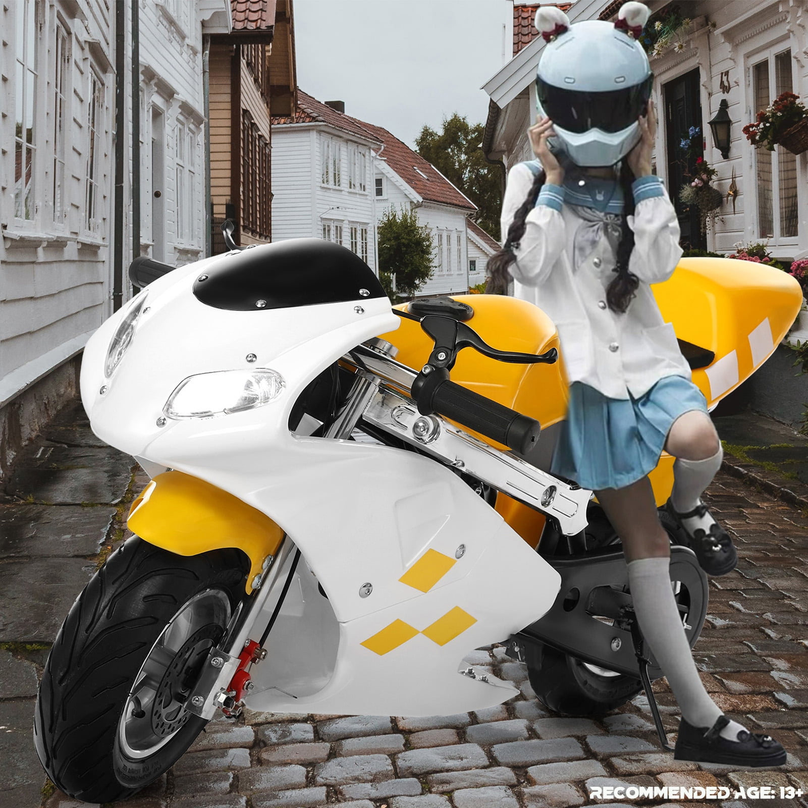 Aqyh Kids Motorcycle, 49cc 2 Stroke Gas Pocket Bike w/ Dual Brake & Headlights, Mini Motorcycles up to 20mph, Max Load 170lbs, White & Yellow