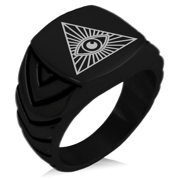 Stainless Steel All Seeing Eye Chevron Pattern Biker Style Polished Ring