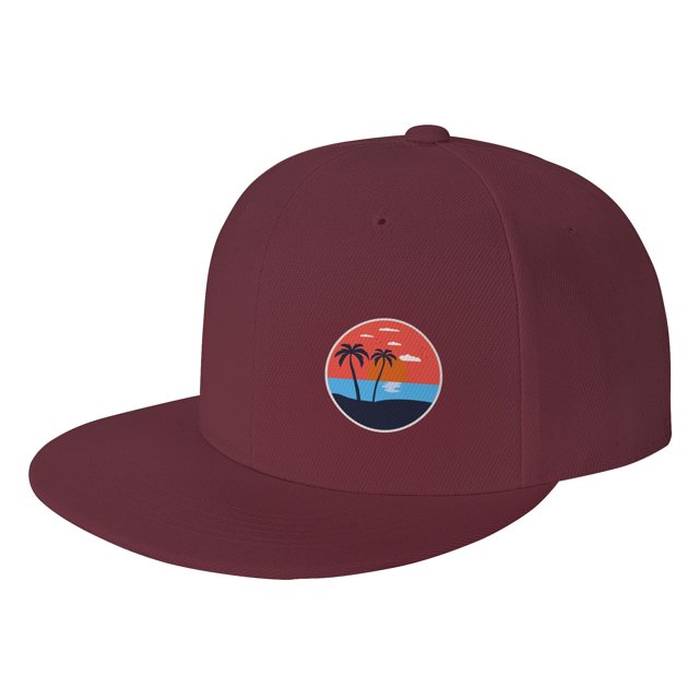 DouZhe Flat Brim Cap Snapback Chapeau, Été Plage Coucher de Soleil Palmiers Imprime Réglable Rouge Adulte Baseball Cap