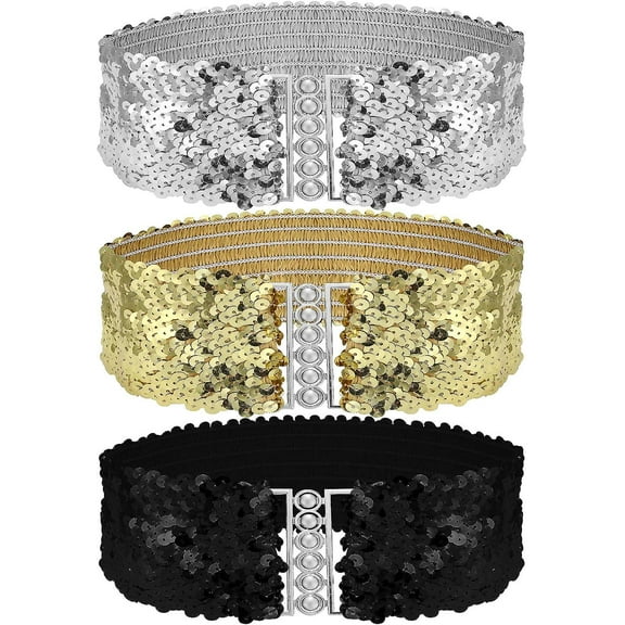Pack Of 3 Waist Belt With Sequins For Women, Glitter Belt Vintage Glitter Belt Stretch Fashion Waist Women's