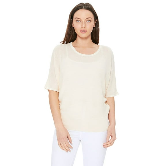 Yemak Women's Casual Dolman Half Sleeve Lightweight Knit Pullover Top Beige-L-BD