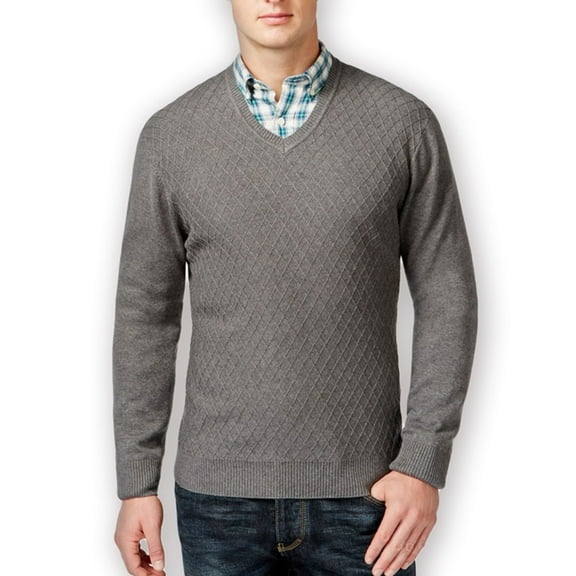 Club Room Mens Diamond Knit V-Neck Pullover Sweater, Grey, Small