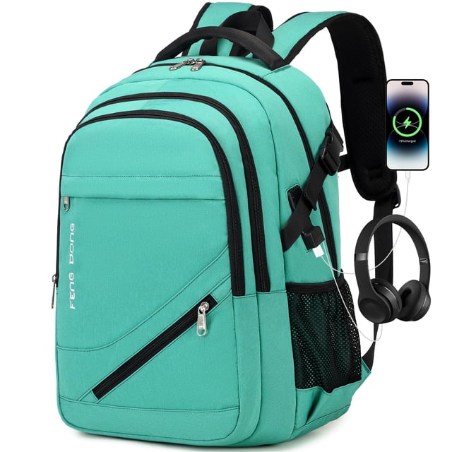 Mochila FENGDONG para portátil grande de 17,3 pulgadas, impermeable, color verde claro