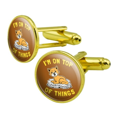 I'm On Top of Things Cat Funny Humor Round Cufflink Set Gold Color