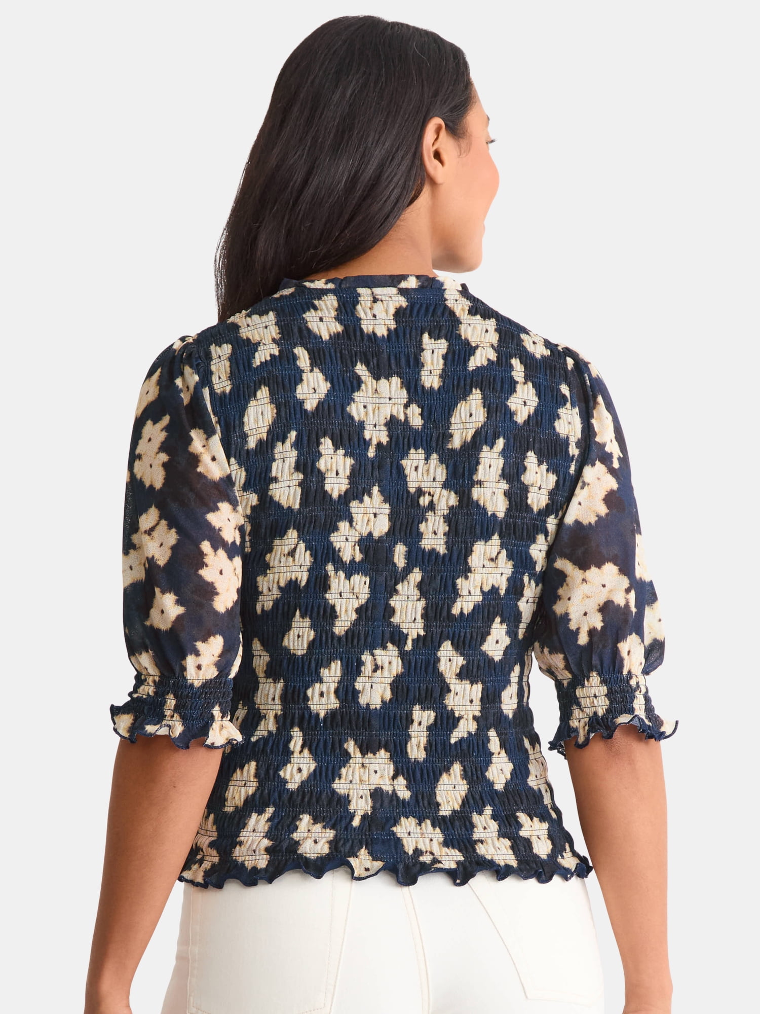 Time and Tru Women's Smocked Mesh Top, Sizes XS-XXXL