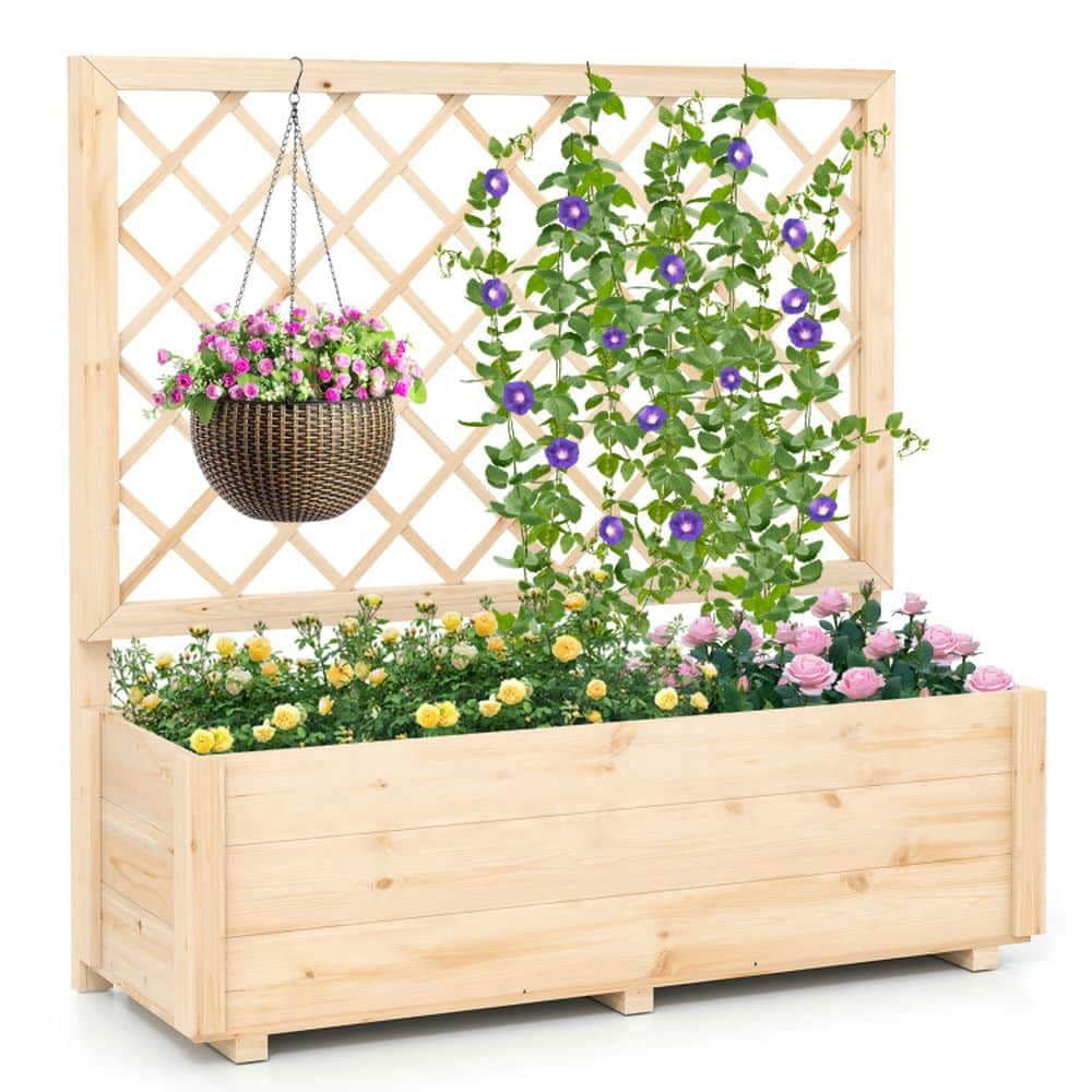 Demifill Raised Garden Bed with Lattice Trellis-L, Wooden Elevated Planter Box for Outdoor as Garden, Backyard, Porch, Brown