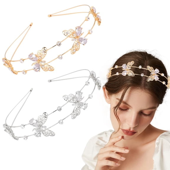 2 Pieces Double Rows Rhinestones Butterfly Headband Alloy Crystal Fashion Headbands Butterfly Hollow Metal Headband Tiara Headpiece Wedding Party Hair Hoop Band Hairband Headwear for Women