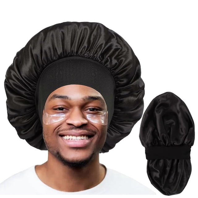 Gorro de dormir de satén para hombre, reversible, doble capa para cabello rizado y trenzas, talla grande, color negro.