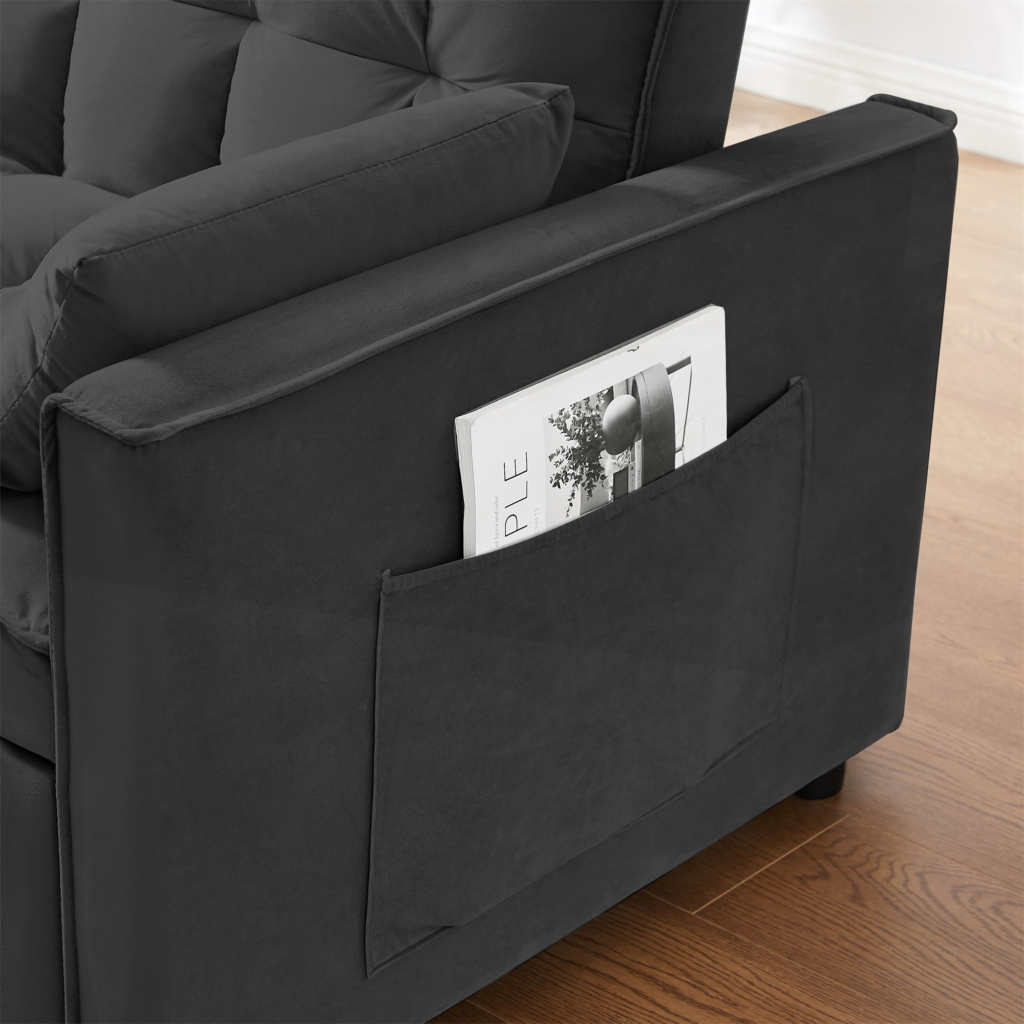 Aukfa 54" Chaise Futon Convertible Loveseat Sleeper Sofa, 2Pillows, Full Size, Velvet, Black