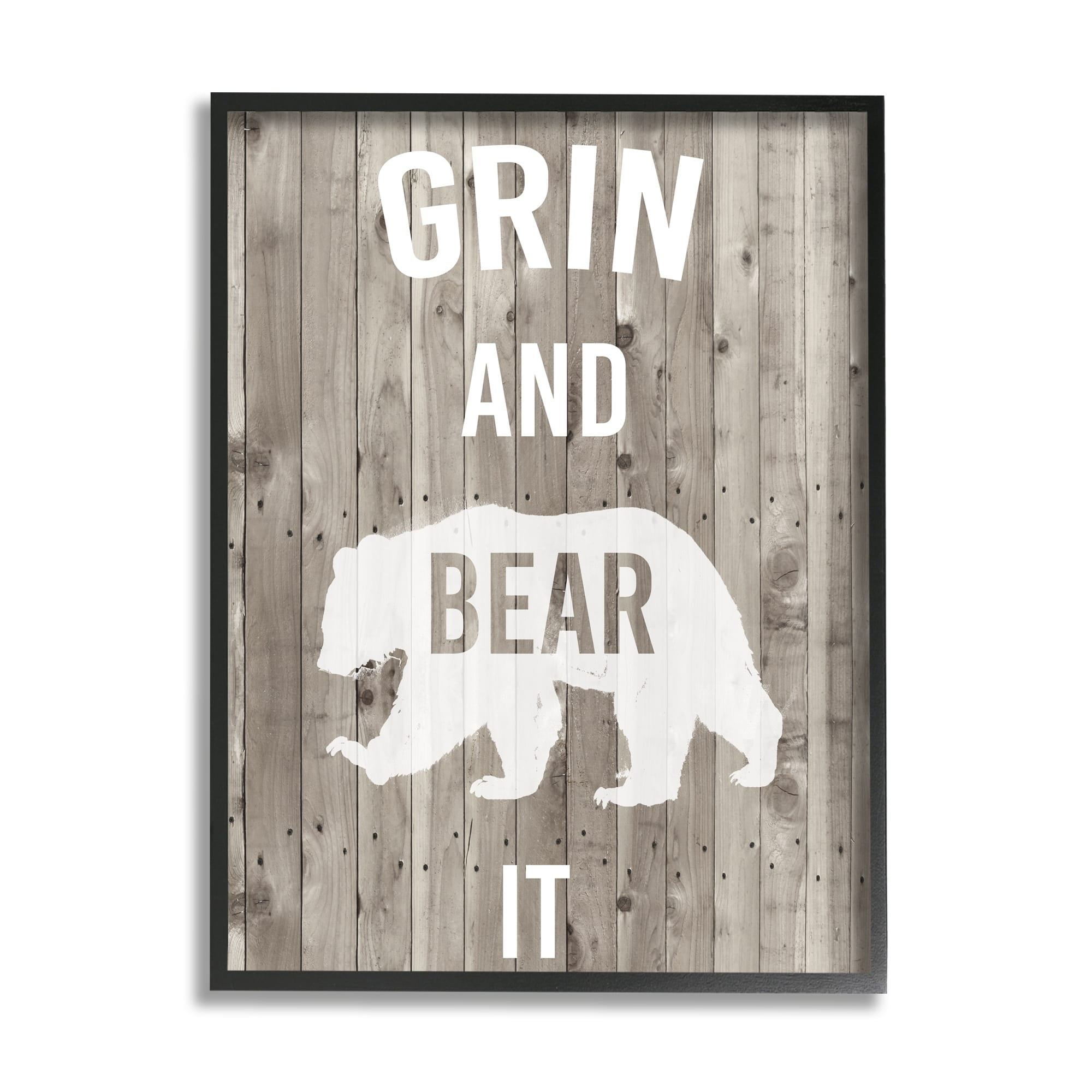 Stupell Industries Grin and Bear It Phrase Rustic Animal Pun Graphic Art Gray Framed Art Print Wall Art, 24x30, by Studio W