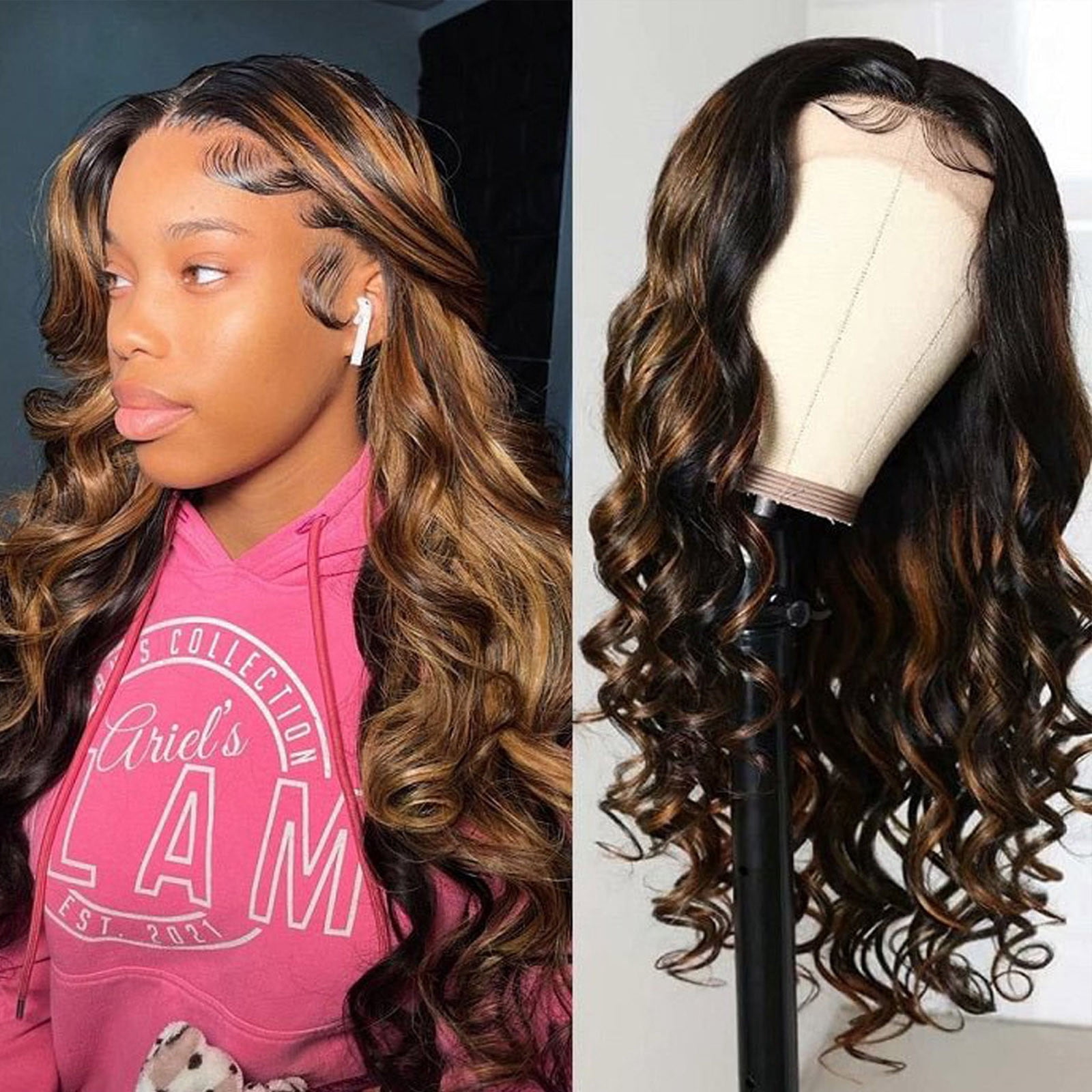 OugPiStiyk Body Wave Lace Front Wigs Long Brown 28 inches HD Lace Frontal Wigs Pre Plucked Density Honey Blonde Synthetic Body Wave Wig Sunkissed Highlight Natural Looking