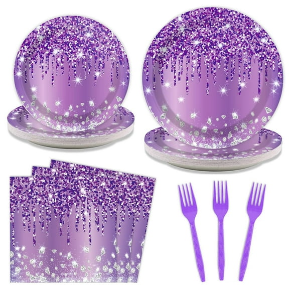 96 Pcs Purple Silver Plates and Napkins Party Supplies, Disposable Forks Paper Dessert Tableware Glitter Decorations Birthday Table Dinnerware Favors Set, Serves 24