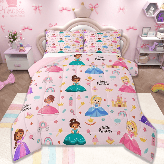 jejeloiu Kawaii Girl Bedding Comforter Set,Magicl Princess Twin Comforter Sets,Rainbow Castle Flowers Bedding Set For Child Girl,Microfiber Bedroom Decor Reversible,3pcs