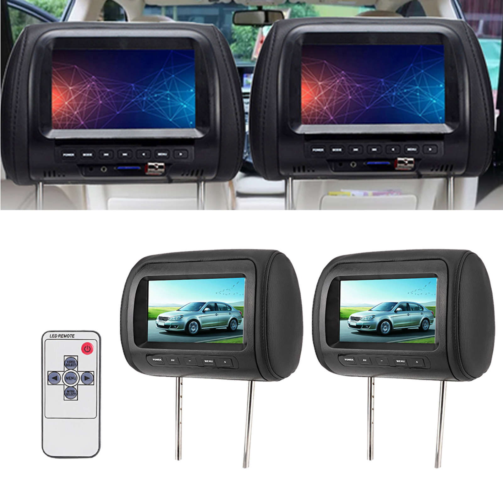 2pcs In Universal Wireless Control Headrest LCD Video Monitor MP5 Display  Black ABS