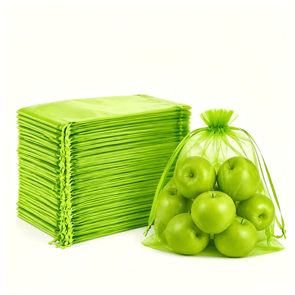 Green Fruit Protection Bags for Fruit Trees, 15" x 11" Organza Mesh Drawstring Bags, Reusable Garden Fruit Cover Netting, 50 Pack