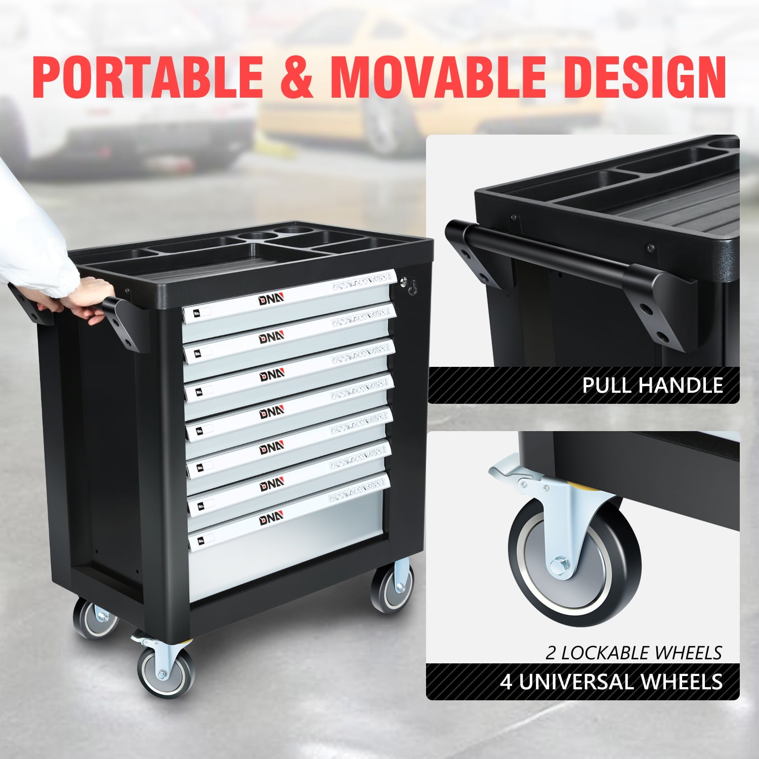 7-Drawers Rolling Tool Chest Cabinet with Casters, Locking System, Top Worktop, for Garage Warehouse Workshop, Grey