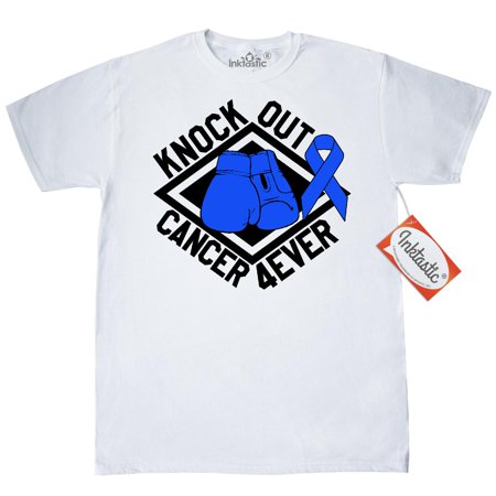 Thai Boxing T-shirts Inktastic Knock Out Colon Cancer 4ever T-Shirt Awareness Awarness Blue Ribbon Boxing Gloves Mens Adult Clothing Apparel Tees T-shirts ()