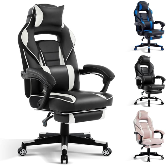 Gaming Chair with Footrest & Massage Lumbar Support, Big and Tall Ergonomic Computer Game Desk Chair, High Back PU Leather Recliner with Headrest, 360° Swivel Computer Office Chair Black White