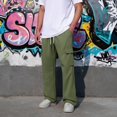thumbnail image 4 of Men Straight Leg Cargo Pants Drawstring Elastic Waist Multi Pockets Casual Work Trousers Solid Polyester Relaxed Fit Long Pants Green 2XL, 4 of 7