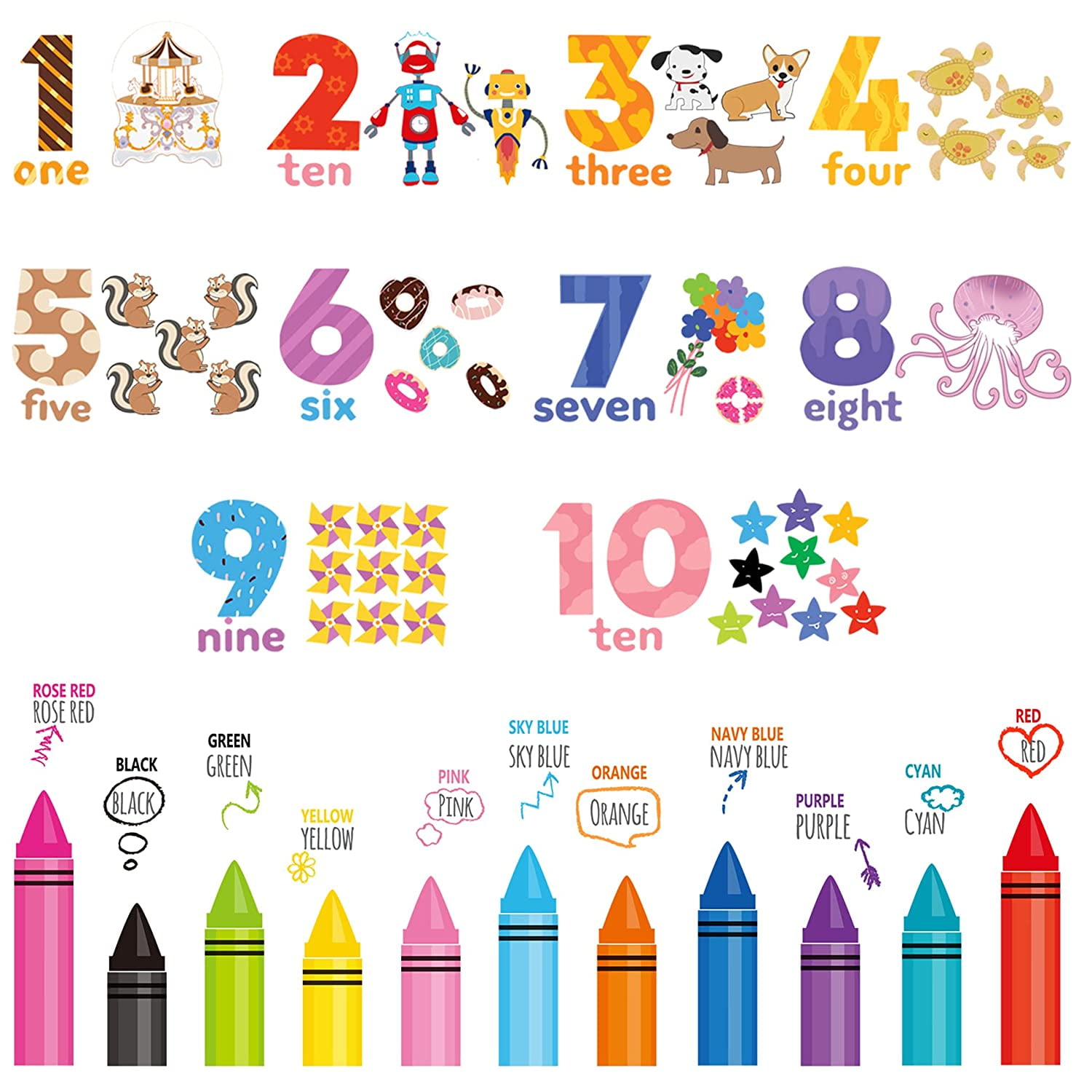 Numbers Animal Wall Stickers, Learning Colors Figures Preschool Wall Decals and Crayon Art Wall Decors Easy to Peel and Stick, Suitable for Nursery, Classroom, Kids Playroom, Baby Room