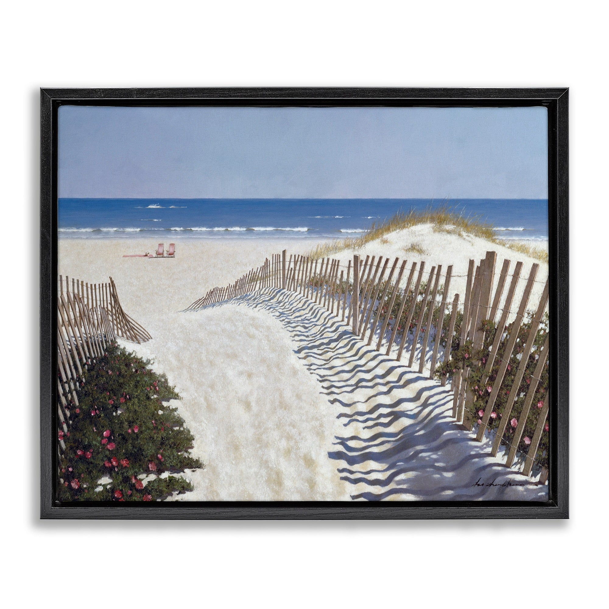 Stupell Industries Fenced Pathway to Beach Summer Nautical Painting Jet Black Framed Floating Canvas Wall Art, 16x20, by Zhen-Huan Lu