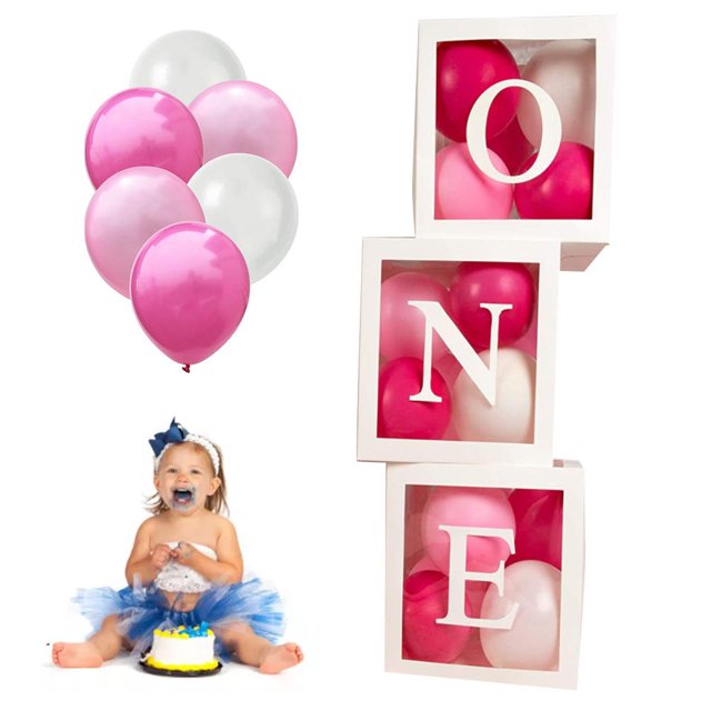 Cajas de globos para el primer cumpleaños 'ONE' para bebé, niño y niña con 26 globos de 10 pulgadas, decoración para el primer cumpleaños del bebé, accesorios para sesión de fotos, telón de fondo