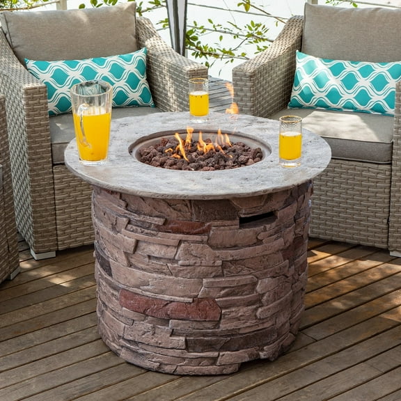COSIEST Outdoor Propane 32-inch Round Fire Pit Table with Imitation Stone Surface