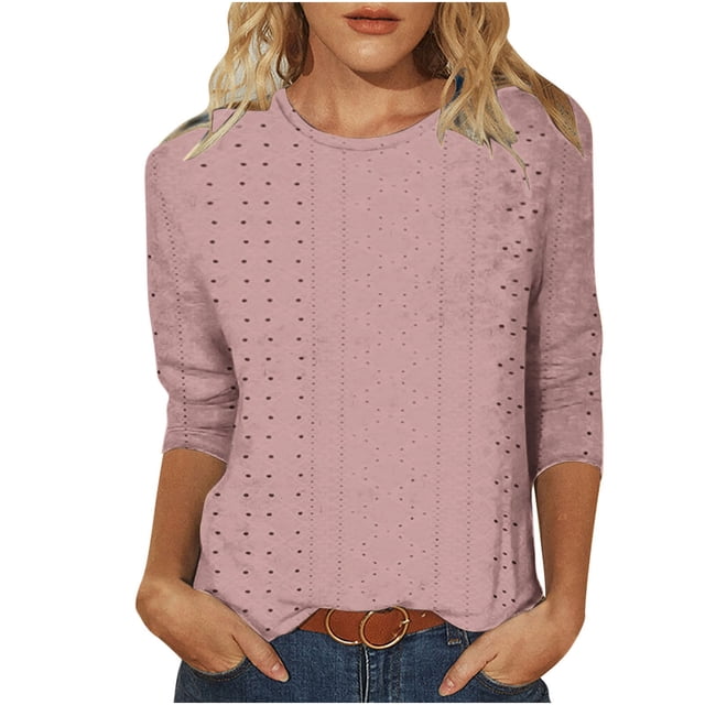 Annhoo Hauts d'Été pour Femmes à Manches 3/4 Grande Taille Décontractés en Broderie Anglaise à Col Rond Blouses Amples Douces Tuniques T-Shirt de Sortie