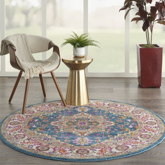Nourison Passion Teal Multicolor 4' x Round Area Rug, Boho, Transitional, Bed Room, Living Room, Dining Room, Kitchen, , Easy Cleaning, Non Shedding (4' Round)