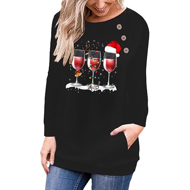 Tops cómodos con botones estampados navideños de manga larga y cuello redondo para mujer Fridja fhghd1194
