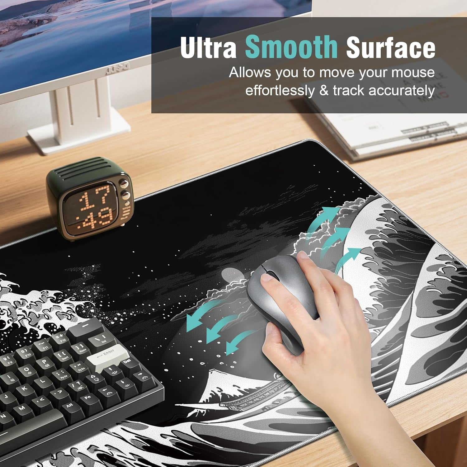 Japanese Sea Wave Gaming Mouse Pad - 31.5x11.8 Inch Kanagawa Black Mat, High-Performance Smooth Precision Fabric, Stable Non-Slip Rubber Base, Ideal for Fluid Control