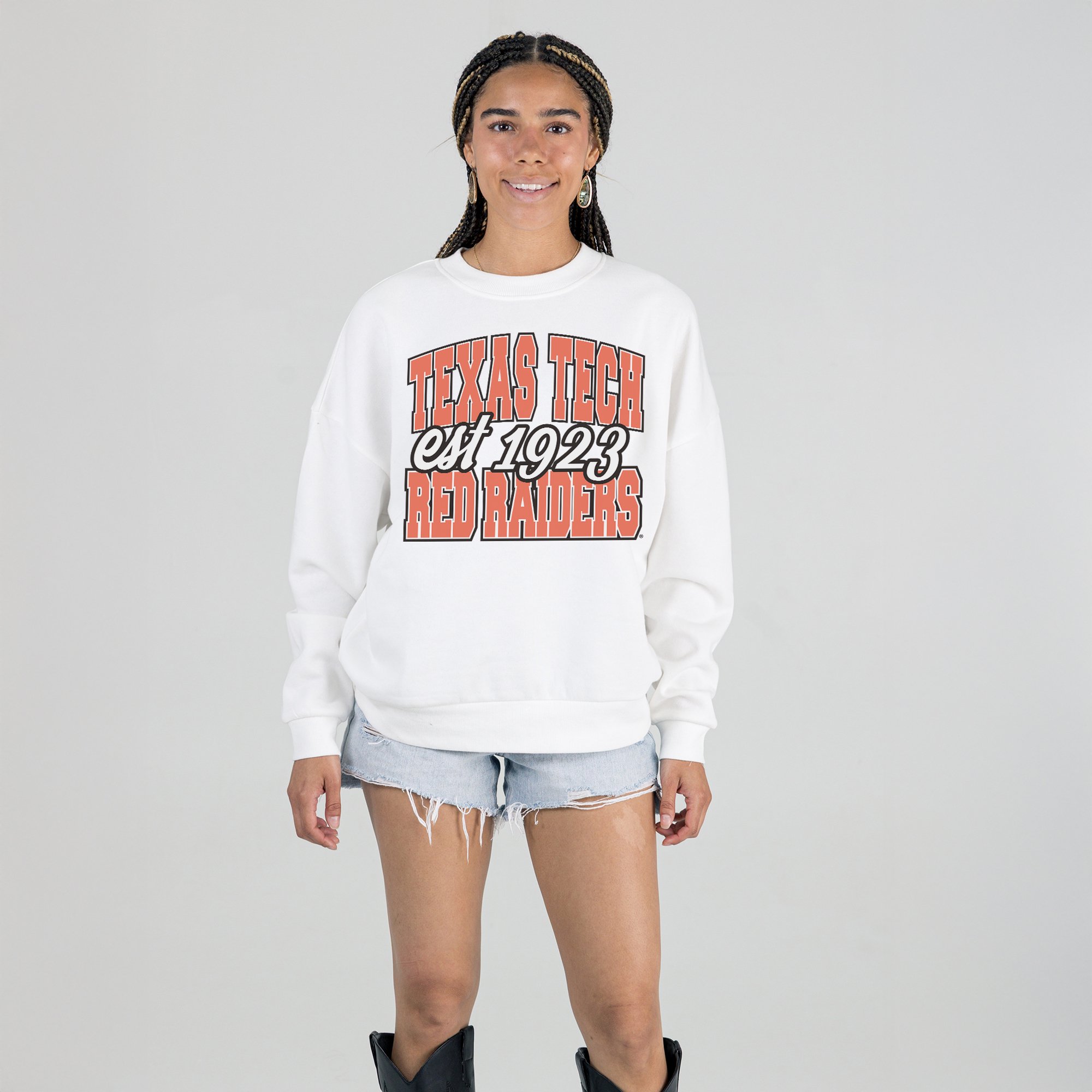 Women's Gameday Couture White Texas Tech Red Raiders Oversized Faded Formation Premium Fleece Sweatshirt