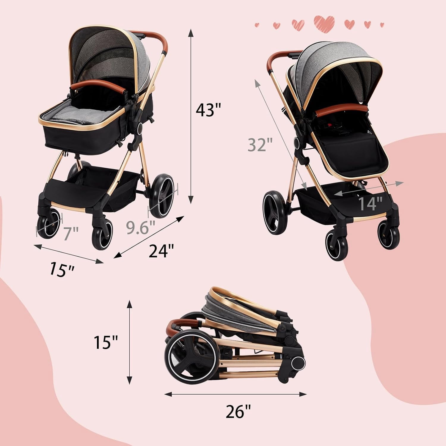 TROPOW Stroller for Newborn, Convertible Baby Pram with Reversible Seat and One-Hand Fold, High Landscape Toddler Infant Pushchair with Storage Basket, Adjustable Footrest & Canopy,Gray