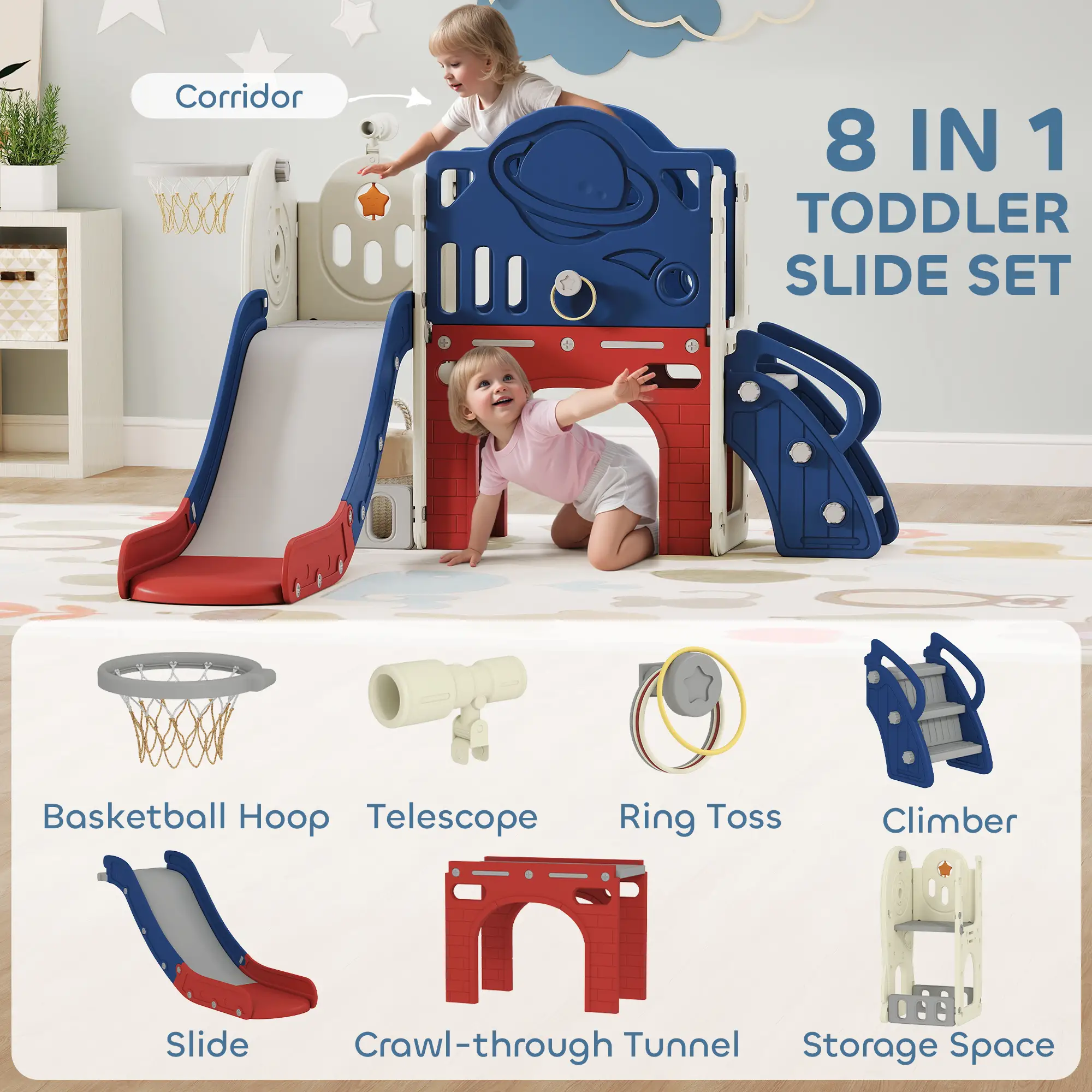 8-in-1 Toddler Slide Set, Multi-Color HDPE PP Mini Playground with Non-slip Steps Extended Slide Basketball Hoop, Indoor Outdoor Compact Play Set for Kids Age 1-8