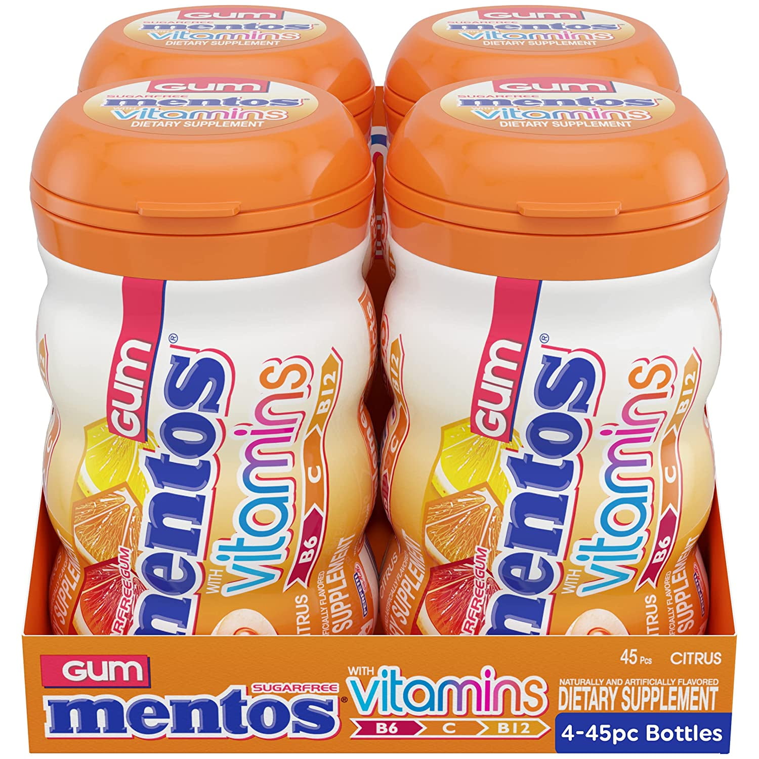 Mentos Pure Fresh Sugar-Free Chewing Gum with Xylitol, Citrus Flavor, Vitamins B6, B12 and C, Bottle of 45 (Bulk Pack of 4)