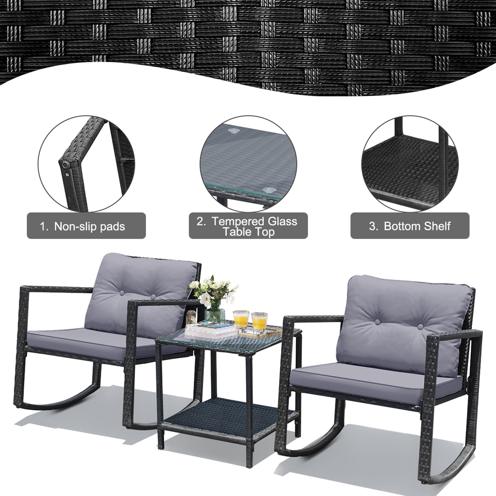 Gymax 3PCS Rattan Rocking Chair Table Set Patio Furniture Set w/ Grey Cushions