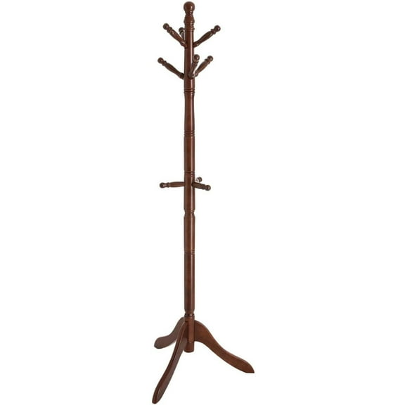 Solid Wood Coat Rack - Free Standing Hall Tree with 10 Hooks, Rubberwood, Dark Walnut