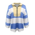 thumbnail image 4 of Women Plus Size Striped Tee Shirts Half Zip Long Sleeve V Neck Color Block Loose Fitting Casual Pullover Tee Tops,Blue,XL, 4 of 5