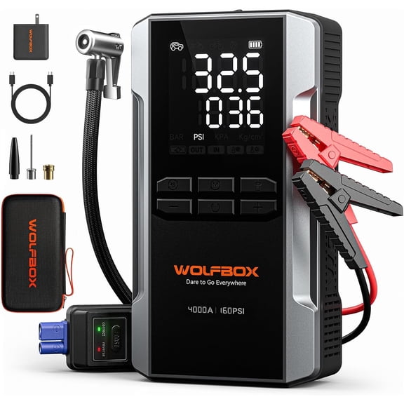 WOLFBOX 4000A Jump Starter with 160PSI Air Compressor, Portable 12V Battery Booster for up to 10L Gas & Diesel, 88.8Wh Jump Box, 65W Fast Charging, Smart Jumper Cables & LED Light